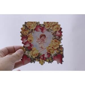 Victorian Valentine Angel in Floral Heart Frame, Used Greeting Card